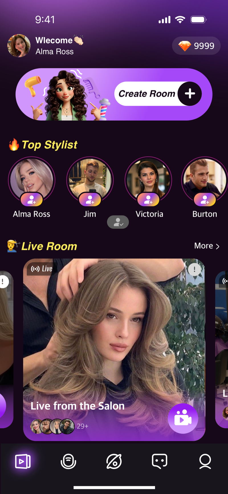 Comee home screen showing live hairstyling rooms